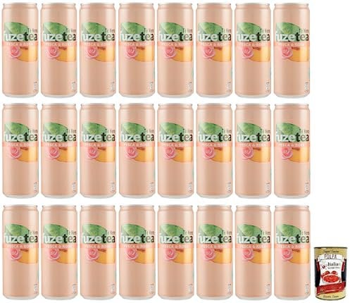24x FUZE TEA Pesca,Schwarzer Tee Pfirsich- und Rosen Eistee,Erfrischungsgetränk,Alkoholfrei,Einwegdose 330ml + Italian Gourmet Polpa di Pomodoro 400g Dose