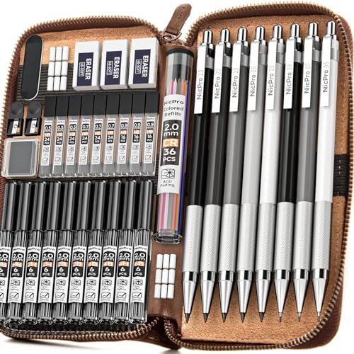 Nicpro Lot de 38 porte-mines artistiques dans un étui en cuir, 3 crayons à dessin en métal 0,5, 0,7, 0,9 mm et 5 porte-mines de 2 mm (couleurs 6B, 4B, 2B, HB, 2H, 4H) pour croquis et dessin avec 20