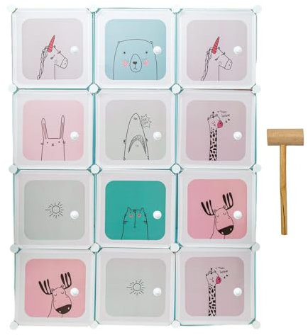 INTIRILIFE Kleiderschrank DIY Steckregal mit 12 Türen für Kinder in Blau - Aufbewahrungsschrank Regal Würfel mit 2 Kleiderstangen individuell aufbaubar