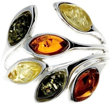 SilverAmber Jewellery - Anillo de diseño de plata de ley 925 y ámbar báltico con muchas piedras - M723, U, plata, ámbar