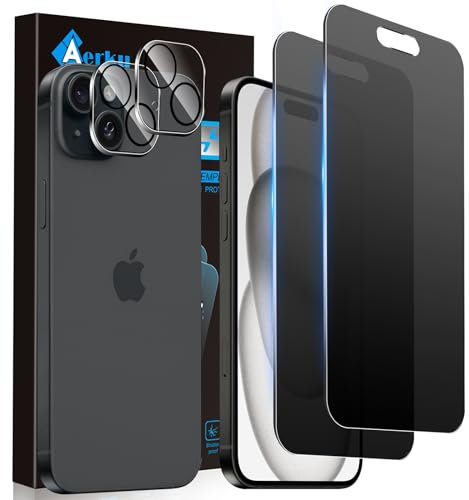 Aerku Matt Sichtschutz Schutzfolie für iPhone 15 6,1 für Panzerglas mit Kameraschutz, 2 PSC Matte Anti-Spy Panzer Schutz Glas Folie und 2 PSC HD Kamera Schutzfolie, 9H Privacy Schutzglas