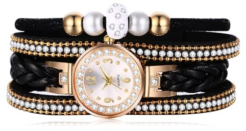 JewelryWe Uhren Damen Leder Vintage: Glitzer Strass Schwarz Mehrreihig Geflochten Lederarmband Armbanduhr Frauen Analog Quarz Uhr mit Kugel Perlenarmband Geschichtet Leder Armband Surferarmband