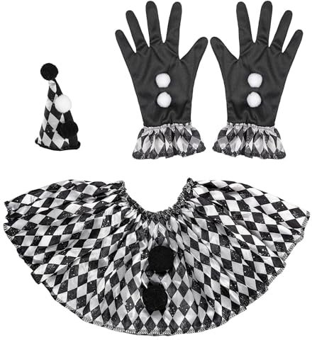NET TOYS Modisches Harlekin Verkleidungs-Set - Schwarz-Weiß - Reizvolles Frauen-Kostüm-Zubehör Joker mit Minihut, Kragen und Handschuhe
