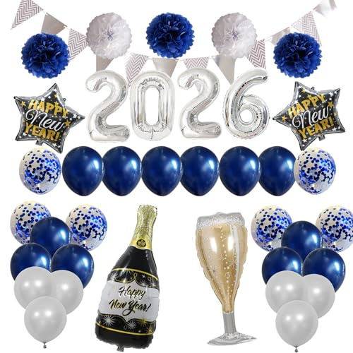 2024 Happy New Year Luftballons Set, Happy New Year Dekorationen Banner Konfetti Ballons 2024 Folienzahl Ballon für Silvester Party Dekorationen (Navy Blau)