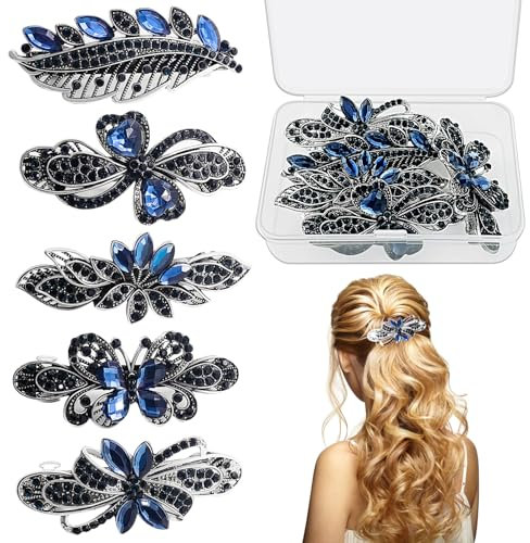 WZYTEU 5 Stück Haarspangen Damen, Haarspange Metall Strass für Frauen und Mädchen, Kommt mit Aufbewahrungsbox(Länge 6 cm, Blau)