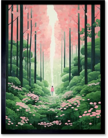 Artery8 Mount Yoshino Cherry Blossom Tree Forest Bright Artwork Baby Pink Green Walk in Nature Trail Art Print Framed Poster Wall Decor 12x16 inch