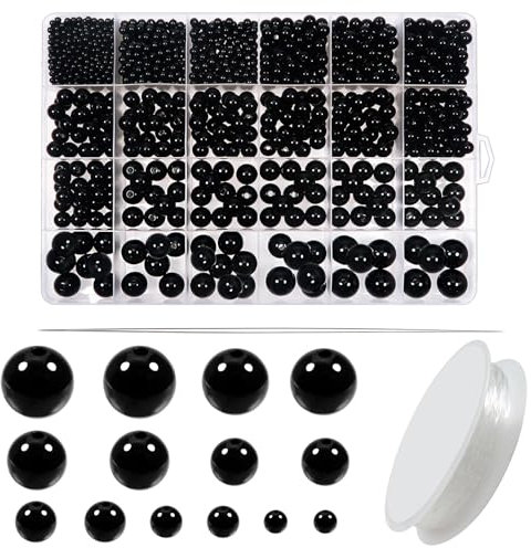 TOAOB 1400 Stück Kunstperle mit Loch Runde Perlen set zum Auffädeln Schmuck Perlen Schwarz 3mm 4mm 6mm 8mm 10mm 12mm 14mm für Dekorieren Kleidung Halsketten Armbänder