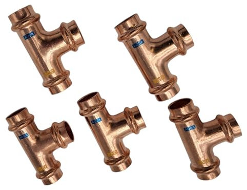 zbs24 Pressfittings Kupfer, T-Stücke 15x15x15mm (5 Stück), mit Dichtungen für Trinkwasser und Gasleitungen, V-Press Kontur, DVGW geprüft
