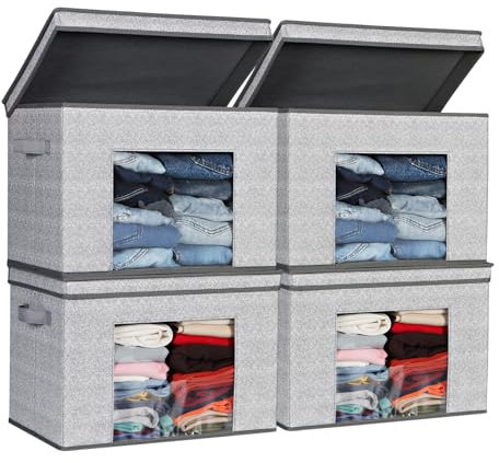 Syeeiex Large Storage Boxes with Lids, Collapsible Fabric Storage Box for Clothes [4-Pack], Bed Sheet Storage Organiser Containers Organisation Baskets for Bedroom, Wardrobe (Gray, 17 x 12 x 12)