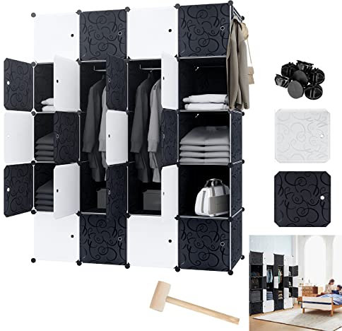 YZNAHRE 20 Würfel Kleiderschrank aus Kunststoff mit Muster Tür und Haken, DIY Regalsystem Steckregal Garderobenschrank Steckregalsystem Schuhregal Kunststoffschrank, Schwarz & Weiss