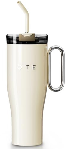 OTE 40 oz Tumbler with Handle and Straw Lid, Insulated Reusable Stainless Steel, Travel Cup with Straw Iced or Car Coffee Mug Leakproof, Gift for Him Her, Beige