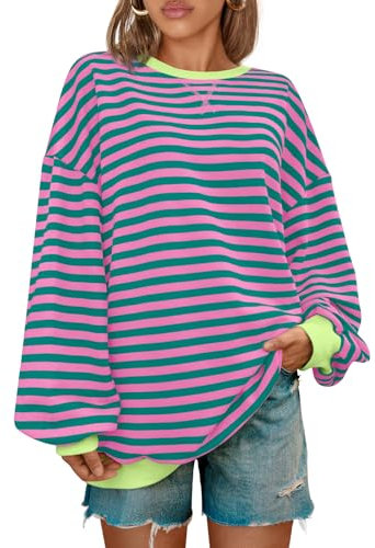 Kissfix Sweat-shirt surdimensionné rayé à manches longues pour femmes – Chandail à capuche à col rond décontracté – Haut Y2K – Rose-vert, taille M