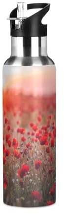 Bouteille d'eau avec paille anti-fuite - Bouillotte isotherme sous vide - Motif coquelicot rouge - Coucher de soleil - Pour filles et garçons - 600 ml
