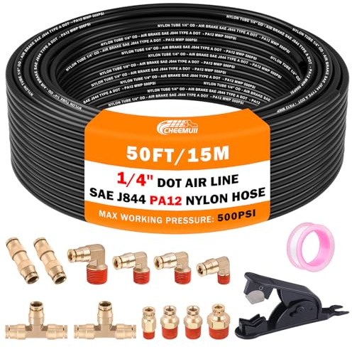 CheeMuii 12 Stück 1/4 Messing DOT Luftarmaturen mit 15 m 1/4 DOT Luftleitungs-Set, 15 Meter Pneumatikschlauch mit 1/4 Zoll DOT Luftanschlüssen für Sattel-LKW-Anhänger oder industrielles Luftsystem