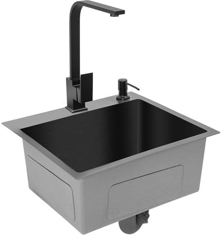 HUSPOO Edelstahl Spülbecken 40x45cm Schwarz - Küchenspüle mit 360° Armatur, Seifenspender & Schalldämmung für 45cm Unterschrank (3 Montagearten)