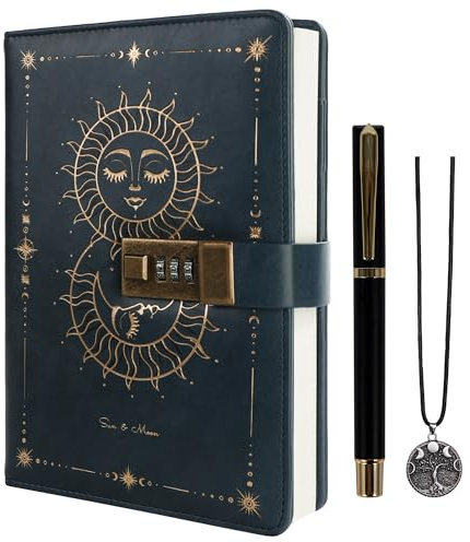 TIEFOSSI Diario con Lucchetto, Diario Sole e Luna con Lucchetto per Donne Uomini, Quaderno A5 Ricaricabile con Lucchetto per Scrivere, 224 Pagine Numerate
