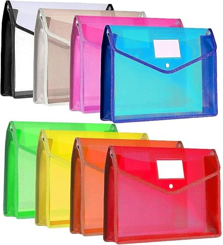 Porte Documents A4, Lot de 8 Pochette Plastique A4 Imperméable Enveloppe Transparente Chemise à Bouton Fichier Document Pochette Porte-Document pour Le Bureau, Maison, L'école