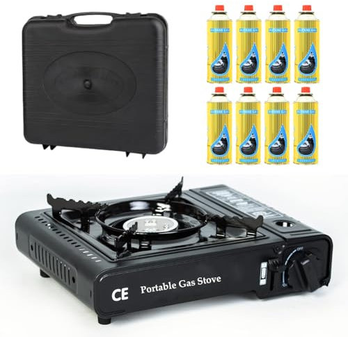 Camping Stove with Carry Case and 8 Butane Gas Canisters - Premium Portable Gas Stove EN417 Compliant With Heat Control, Piezo Ignition system- Camping Cooker For Outdoor Use, Picnic & Garden