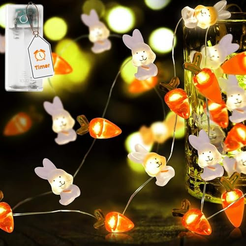 Lichterkette Ostern Batterie mit Timer, 2M 20 LED Lichterkette Batterie Hase Karotte Ostern Deko, Warmweiß Osterdeko Lichterkette Außen Innen, Lichterkette LED für Tischdeko Osterkörbchen Ostern Party