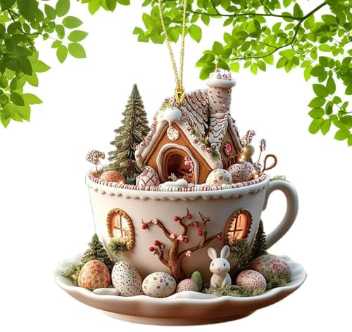 Easter Tree Ornaments - Easter Egg House Coffee Cup Decoration | Easter Egg Bunny House Mug Decoration, Acrylic Decoration