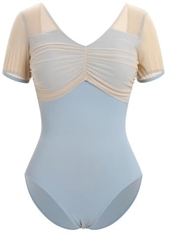 IWEMEK Ballett Trikot Damen Mesh Kurzarm Ballettanzug Gymnastik Ballettbody V-Ausschnitt Bodysuit Body Sport Gymnastik Turnanzug Top Kost�m blau M