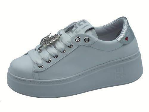GIO+ PIA266A Combi Brandy Sneakers für Damen aus weißem Leder mit Applikationen, Weiß, 37 EU