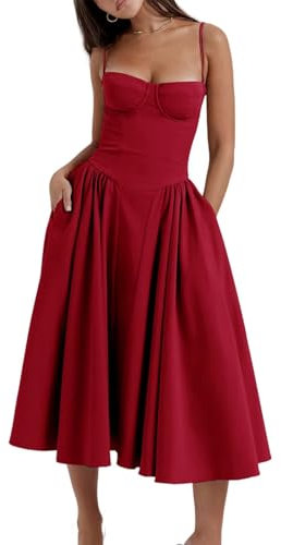 Shuanghao Chic et Elegant Femme d'été Robe à sans Manches Bretelles Spaghetti Corset Sexy Longue Taille Slim Fit Robes Casual A Line Swing Sun Jupe avec Poches Fête Plage Soirée Midi Robe Rouge M