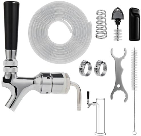 Beer Kegerator Faucet Beer Line Shank Kit, Kegerator Tap Parts Beer Tower Dispenser Tap Self-Closing Beer Tap I.D 3/16'' Beer Tubing 1/4'' Keg Coupler Barb Fitting Tap Cleaning Brush Cover Wrench Kit