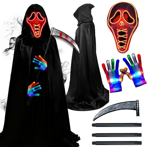 Pipihome Halloween Kostüm Kinder Damen Sensenmann Umhang Kostüm mit LED Grusel Maske Glühende Handschuhe und Sense, Gruselige Jungen Erwachsene Kostüme für Halloween Cosplay Grim Reaper Costume