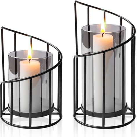 Leikurvo: Juego de 2 farolillos de metal negro con diseño geométrico moderno, portavelas de exterior e interior, decoración de velas, cristal gris oscuro, resistente al viento