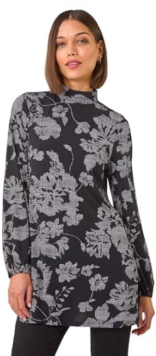 Roman Originals Printed Side Split Tunic Top for Women UK - Ladies Everyday Autumn Winter High Neckline Comfy Soft Evening Vacation Work Party Night Out - Black - Size 20