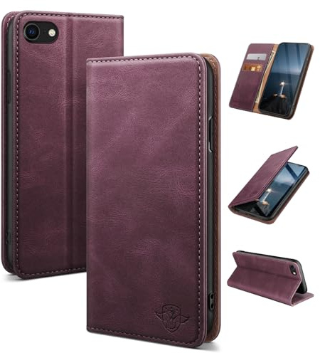 SUANDUCK for iPhone SE 2022/7/8/SE 2020 4.7 - Magnetic Leather Flip Wallet Case with RFID Blocking, Credit Card Holder & Adjustable Stand, Flip Folio Book, Shockproof Cover for Apple 7,Wine Red