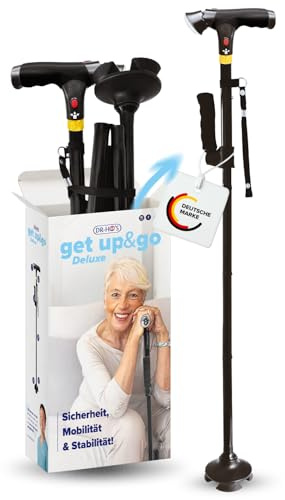 DR-HO'S Get Up & Go Deluxe Walking Stick - Foldable, Height Adjustble Walking Cane with Light & Alarm - 4-Point Base, Double Handle Mobility Support for Seniors & Adults