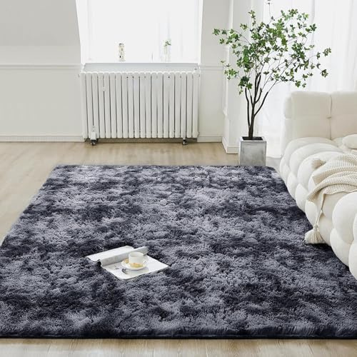 ANJIAJIE Hochflor Teppich Wohnzimmer 140 x 170 cm Hochflor Langflor Weich Modern Unifarben Flauschig Wohnzimmer Anti Rutsch Extra für Küche & Kinderzimmer, Dunkelgrau