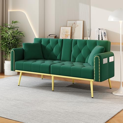 Merax Grün Schlafsofa 2-Sitzer mit Liegefunktion & Getränkehalter｜Platzsparendes Sofa für Wohnzimmer & Gästezimmer