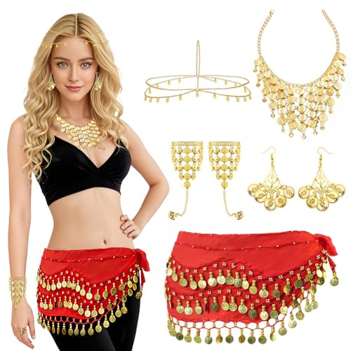 Baisdan 7 Pezzi Cintura di Danza del Ventre Donna Set, con Monete d'oro Orecchini, Collana, Braccialetti, Copricapo, Sciarpa Danza del Ventre per Halloween, Carnevale, Spettacoli