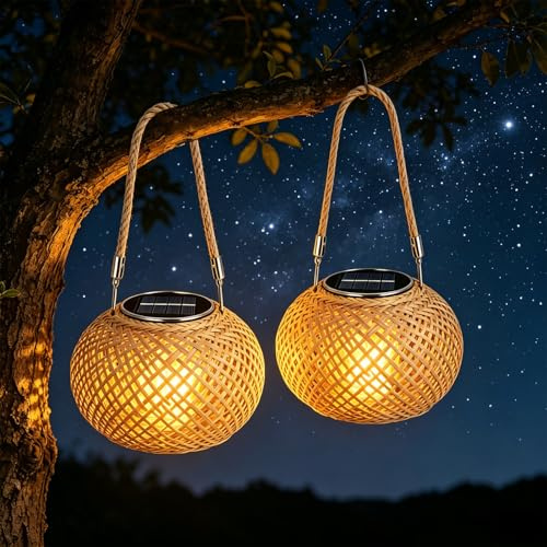 2 Stück Solarlampen für Außen Hängend/Stehend, IP65 Wetterfeste Rattan Solarlaterne mit LED, Solar Lampions für Garten Balkon Terrasse Outdoor, Boho Tischlampe Solar Laternen als Gartendeko Geschen