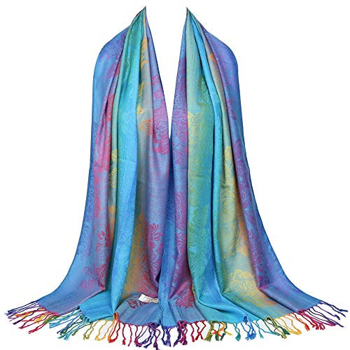 Neelamvar, Pashmina da donna con fiori colorati in cotone jacquard, scialle, sciarpa, Large
