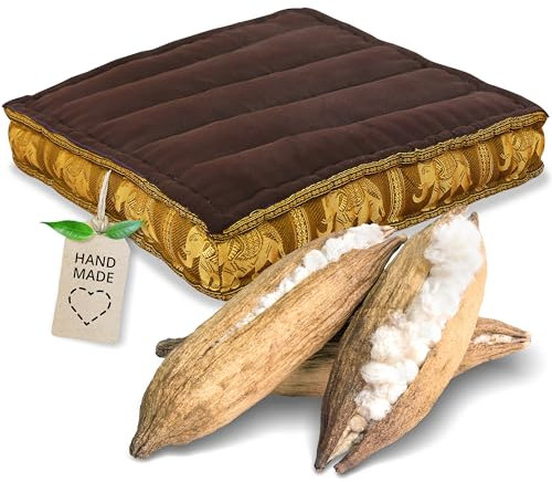 Livasia Sitzkissen Boden Thaiseide - 50x50x10cm - Bodenkissen Indoor/Outdoor, Meditationskissen Yogakissen, Stuhlauflage Palettenmöbel, Steppkissen Bank handgefertigt (Braun/Gold/Elefanten Seide)