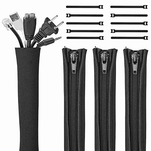 JOTO 4 uds. Manguito Cable con Cremallera, Sujetacables Neopreno Flexible, Gestión de Cable Blanda para Mesa TV Ordenador Oficina Hogar Teatro Cine -Negro