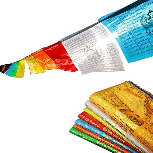Gandhanra Bandiera di preghiera del buddismo tibetano,Scrittura Guanyin in caratteri dorati fatti a mano, 5,3 metri 21 pezzi, promuovere l'amore, la compassione, la pace, la forza e la saggezza