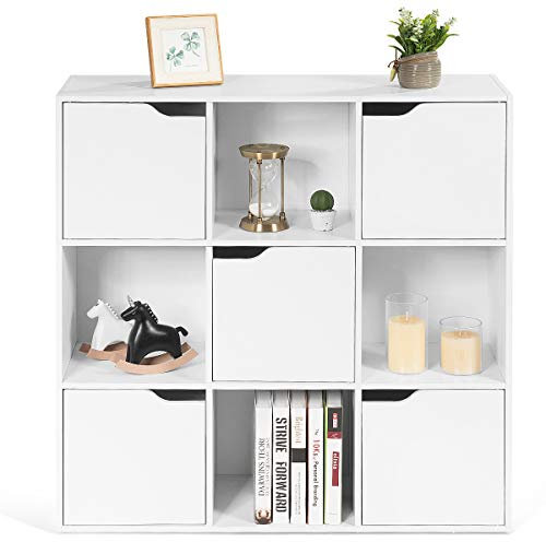RELAX4LIFE Bücherregal mit 9 Fächern, Aktenregal mit 5 Magnettüren, Würfelregal, stehender Raumteiler für Wohnzimmer & Studierzimmer & Kinderzimmer, Büroregal für Bücher (Weiß)