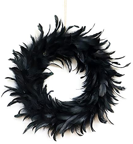 HELTER Schwarzer Federkranz, 39 cm falsche Halloween schwarze Federkranz Haustür Girlande Gruselige Szene Requisiten für Halloween Party Kamin Fenster Wand Dekor