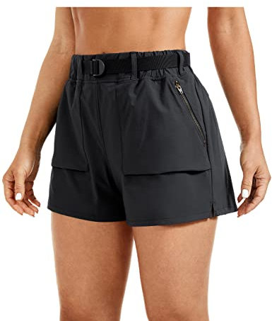 CRZ YOGA Damen Leicht Wandern Shorts mit Gürtel Sportshorts Kurze Hose Laufshorts mit Taschen - 7.6cm Tinte grau 40