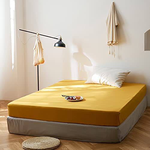 Lanqinglv Spannbettlaken Bettlaken 200x200 cm bis 25-30 cm Steghöhe Boxspringbett Topper 110g/m² Mikrofaser Weiche Jersey Boxspringbett Spannbetttuch Leintuch,Gelb Senfgelb