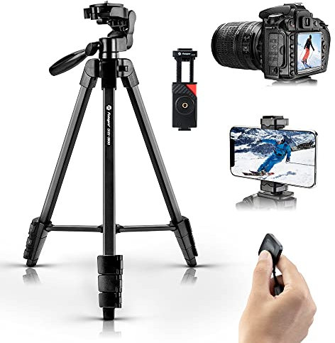 Fotopro 56 Camera Tripod - Lightweight Compact Travel Tripod with 3 Way Pan Tilt Head, Cold Shoe, Phone Holder, Remote, Carry Bag - Compatible with iPhone & DSLR