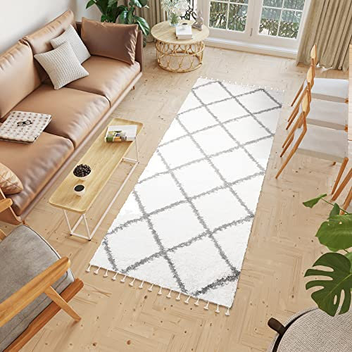 TAPISO BOHO Teppich Läufer Kurzflor Shaggy Creme Dunkelgrau Karo Muster Fransen Schlafzimmer Wohnzimmer Design Modern 80 x 300 cm