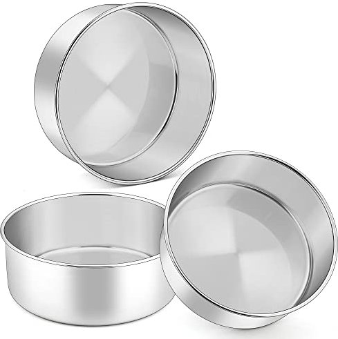 Herogo 8 Inch Cake Tin, Round Cake Tins Set of 3, Stainless Steel Baking Cake Pan for Birthday/Wedding/Christmas Layer Desserts, 7cm Deep & One-Piece Design, Mirror Polished & Dishwasher Safe
