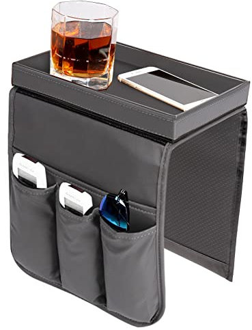 KINFAVOU Couch-Caddy mit Sofa-Armablage, rutschfeste PU-Leder-Fernbedienung für Liegestuhl mit 5 Taschen für Magazin, iPad, TV, Fernbedienungen, Spiele-Controller (hellgrau)