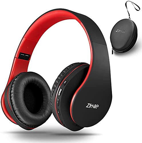 ZIHNIC Bluetooth Headphones Over-Ear, Foldable Wireless and Wired Stereo Headset Micro SD/TF, FM for Cell Phone,PC,Soft Earmuffs &Light Weight for Prolonged Waring(Red)